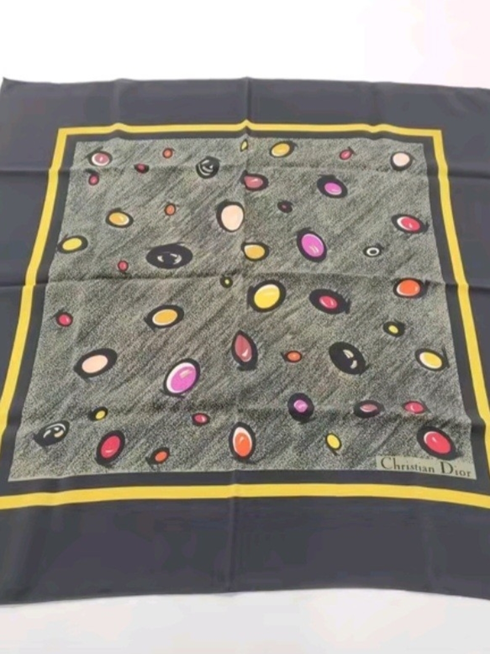 Dior Multicolor Polka Dot Silk Scarf with Yellow Border - COA
